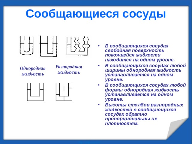 Сообщающиеся сосуды В сообщающихся сосудах свободная поверхность покоящейся жидкости находится на одном уровне. В сообщающихся сосудах любой ширины однородная жидкость устанавливается на одном уровне. В сообщающихся сосудах любой формы однородная жидкость устанавливается на одном уровне. Высоты столбов разнородных жидкостей в сообщающихся сосудах обратно пропорциональны их плотностям. Разнородная жидкость Однородная жидкость 