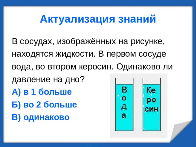 Актуализация знаний В сосудах, изображённых на рисунке, находятся жидкости. В первом сосуде вода, во втором керосин. Одинаково ли давление на дно? А) в 1 больше Б) во 2 больше В) одинаково 