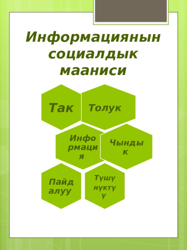 Толук Так  Информация Чындык  Түшү нүктүү Пайдалуу Информациянын социалдык мааниси 