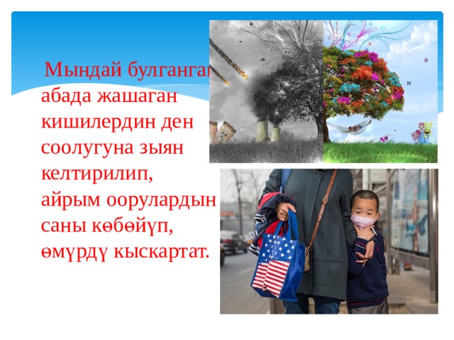  Мындай булганган абада жашаган кишилердин ден соолугуна зыян келтирилип, айрым оорулардын саны көбөйүп, өмүрдү кыскартат. 