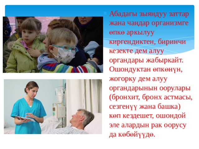 Абадагы зыяндуу заттар жана чаңдар организмге өпкө аркылуу киргендиктен, биринчи кезекте дем алуу органдары жабыркайт. Ошондуктан өпкөнүн, жогорку дем алуу органдарынын оорулары (бронхит, бронх астмасы, сезгенүү жана башка) көп кездешет, ошондой эле алардын рак оорусу да көбөйүүдө. 