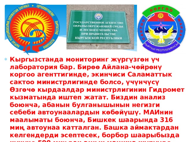 Кыргызстанда мониторинг жүргүзгөн үч лаборатория бар. Бирөө Айлана-чөйрөнү коргоо агенттигинде, экинчиси Саламаттык сактоо министрлигинде болсо, үчүнчүсү Өзгөчө кырдаалдар министрлигинин Гидромет кызматында иштеп жатат. Биздин анализ боюнча, абанын булганышынын негизги себеби автоунаалардын көбөйүшү. МАИнин маалыматы боюнча, Бишкек шаарында 316 миң автоунаа катталган. Башка аймактардан келгендерди эсептесек, борбор шаарыбызда күнүнө 500 миңден ашык машина жүрүүдө. 2010-жылы машинлердин саны эки эсе аз болчу . 