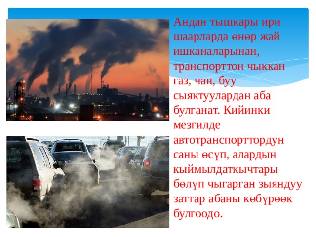 Андан тышкары ири шаарларда өнөр жай ишканаларынан, транспорттон чыккан газ, чаң, буу сыяктуулардан аба булганат. Кийинки мезгилде автотранспорттордун саны өсүп, алардын кыймылдаткычтары бөлүп чыгарган зыяндуу заттар абаны көбүрөөк булгоодо. 