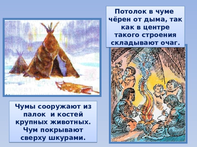 Потолок в чуме чёрен от дыма, так как в центре такого строения складывают очаг. Чумы сооружают из палок и костей крупных животных. Чум покрывают сверху шкурами. 