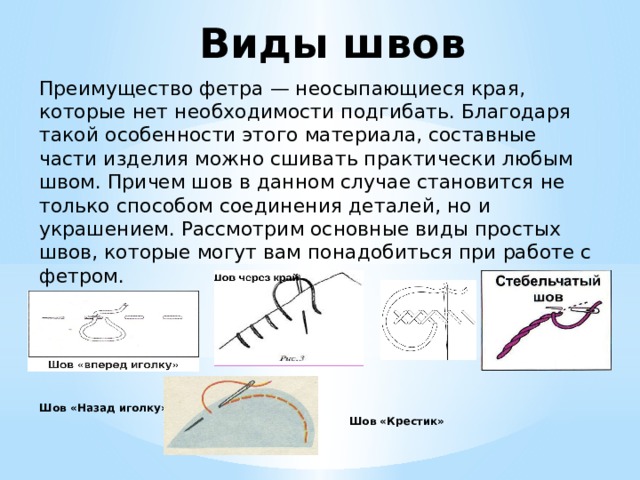 Виды швов Преимущество фетра — неосыпающиеся края, которые нет необходимости подгибать. Благодаря такой особенности этого материала, составные части изделия можно сшивать практически любым швом. Причем шов в данном случае становится не только способом соединения деталей, но и украшением. Рассмотрим основные виды простых швов, которые могут вам понадобиться при работе с фетром.         Шов «Назад иголку»  Шов «Крестик»   