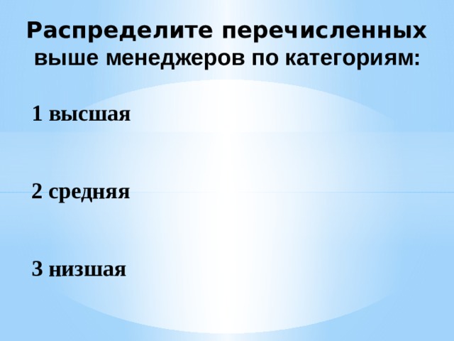 Распределите перечисленных   выше менеджеров по категориям: 1 высшая   2 средняя   3 низшая   
