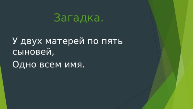 Загадка. У двух матерей по пять сыновей, Одно всем имя. 