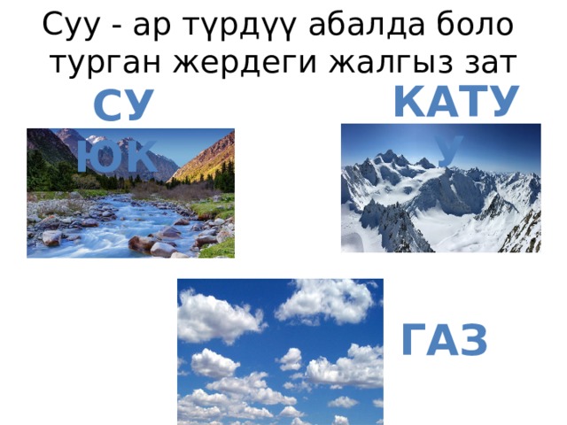 Суу - ар түрдүү абалда боло турган жердеги жалгыз зат катуу Суюк Газ 
