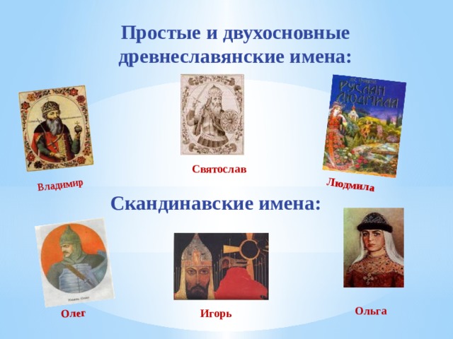Владимир Людмила Олег Простые и двухосновные древнеславянские имена: Святослав Скандинавские имена: Ольга Игорь 