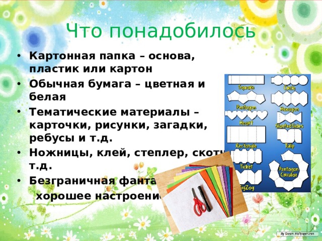 Что понадобилось Картонная папка – основа, пластик или картон Обычная бумага – цветная и белая Тематические материалы – карточки, рисунки, загадки, ребусы и т.д. Ножницы, клей, степлер, скотч и т.д. Безграничная фантазия и  хорошее настроение! 