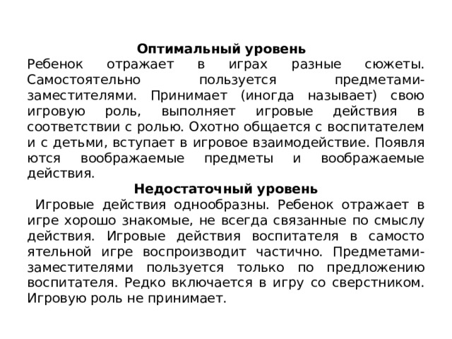 Оптимальный уровень Ребенок отражает в играх  разные сюжеты. Самостоятельно пользуется предметами-заместителями. Принимает (иногда называет) свою игровую роль, вы­полняет игровые действия в соответствии с ролью. Охотно общается с воспитателем и с детьми, вступает в игровое взаимодействие. Появля ­ ются  воображаемые предметы и воображаемые действия. Недостаточный уровень  Игровые действия одно­образны. Ребенок отражает в игре хорошо знакомые, не всегда связанные по смыслу действия. Игровые действия воспитателя в самосто­ятельной игре воспроизводит частично. Предметами-заместителями пользуется только по предложению воспитателя. Редко включается в игру  со сверстником. Игровую роль не принимает. 