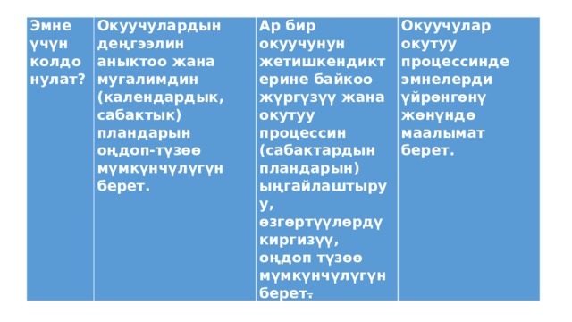Эмне үчүн колдонулат? Окуучулардын деңгээлин аныктоо жана мугалимдин (календардык, сабактык) пландарын оңдоп-түзөө мүмкүнчүлүгүн берет. Ар бир окуучунун жетишкендиктерине байкоо жүргүзүү жана окутуу процессин (сабактардын пландарын) ыңгайлаштыруу, өзгөртүүлөрдү киргизүү, оңдоп түзөө мүмкүнчүлүгүн берет . Окуучулар окутуу процессинде эмнелерди үйрөнгөнү жөнүндө маалымат берет. 