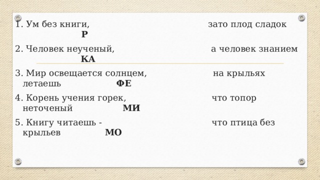 1. Ум без книги, зато плод сладок Р 2. Человек неученый, а человек знанием КА  3. Мир освещается солнцем, на крыльях летаешь ФЕ 4. Корень учения горек, что топор неточеный МИ 5. Книгу читаешь - что птица без крыльев МО 
