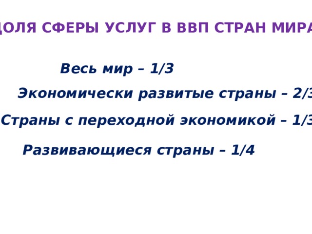 ДОЛЯ СФЕРЫ УСЛУГ В ВВП СТРАН МИРА: Весь мир – 1/3 Экономически развитые страны – 2/3 Страны с переходной экономикой – 1/3 Развивающиеся страны – 1/4 