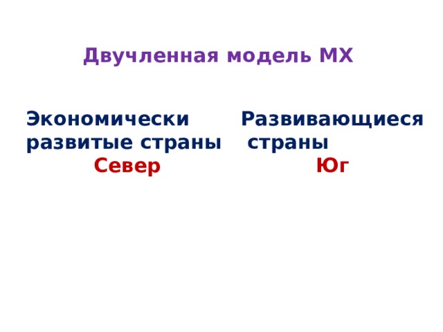Двучленная модель МХ Экономически Развивающиеся развитые страны  страны  Север Юг 
