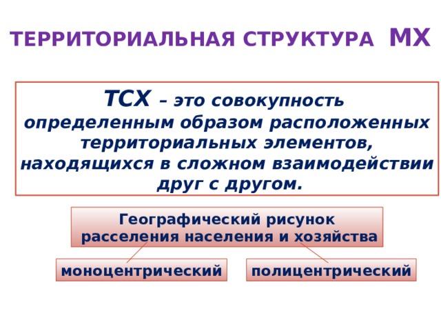 ТЕРРИТОРИАЛЬНАЯ СТРУКТУРА МХ ТСХ – это совокупность определенным образом расположенных территориальных элементов, находящихся в сложном взаимодействии  друг с другом. Географический рисунок  расселения населения и хозяйства моноцентрический полицентрический 