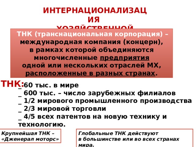 ИНТЕРНАЦИОНАЛИЗАЦИЯ ХОЗЯЙСТВЕННОЙ ЖИЗНИ  ТНК (транснациональная корпорация) – международная компания (концерн), в рамках которой объединяются  многочисленные предприятия  одной или нескольких отраслей МХ, расположенные в разных странах . ТНК: _ 60 тыс. в мире _ 600 тыс. – число зарубежных филиалов _ 1/2 мирового промышленного производства _ 2/3 мировой торговли _ 4/5 всех патентов на новую технику и технологию. Крупнейшая ТНК – Глобальные ТНК действуют «Дженерал моторс» в большинстве или во всех странах мира. 