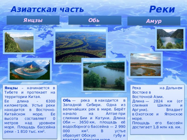 Азиатская часть Реки Янцзы Обь Амур Янцзы – начинается в Тибете и протекает на территории Китая. Река на Дальнем Востоке в Восточной Азии. Длина — 2824 км (от слияния Шилки и Аргуни). Впадает в Охотское и Японское море. Ее длина - 6300 километров. Устье реки находится в Восточно-Китайском море. Ее высота составляет 0 метров над уровнем моря. Площадь бассейна реки - 1 810 тыс. км². Площадь его бассейн достигает 1,8 млн кв. км. Обь  — река в находится в Западной Сибири. Одна из величайших рек в мире. Берёт начало на Алтае при слиянии Бии и Катуни. Длина Оби — 3650 км, площадь её водосборного бассейна — 2 990 000 км². В устье образует Обскую губу и впадает в Карское море. 