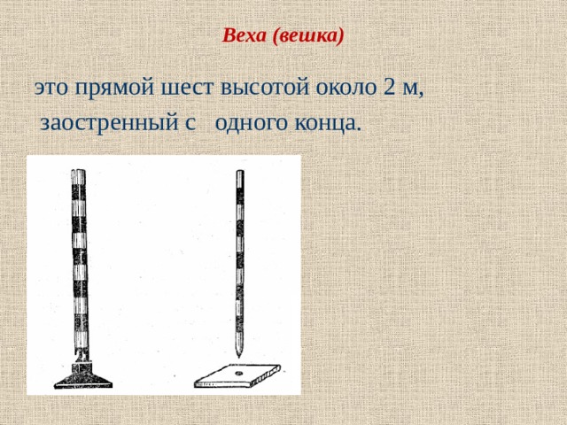 Веха (вешка) это прямой шест высотой около 2 м,  заостренный с одного конца. 