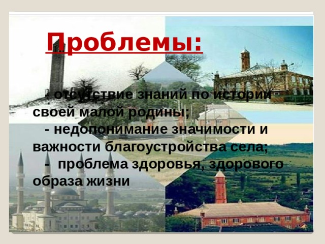 Проблемы:  - отсутствие знаний по истории своей малой родины; - недопонимание значимости и важности благоустройства села; - проблема здоровья, здорового образа жизни 