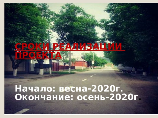  СРОКИ РЕАЛИЗАЦИИ ПРОЕКТА    Начало: весна-2020г. Окончание: осень-2020г . 