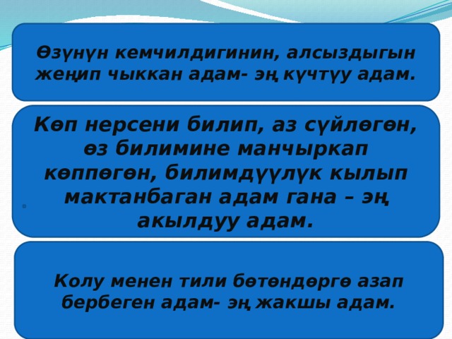 Өзүнүн кемчилдигинин, алсыздыгын жеңип чыккан адам- эң күчтүу адам. Көп нерсени билип, аз сүйлөгөн, өз билимине манчыркап көппөгөн, билимдүүлүк кылып мактанбаган адам гана – эң акылдуу адам. Колу менен тили бөтөндөргө азап бербеген адам- эң жакшы адам. 