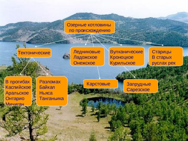 Озерные котловины по происхождению Старицы В старых руслах рек Вулканические Кроноцкое Курильское Ледниковые Ладожское Онежское Тектонические Разломах Байкал Ньяса Танганьика В прогибах Каспийское Аральское Онтарио Мичиган  Карстовые Запрудные Сарезское 