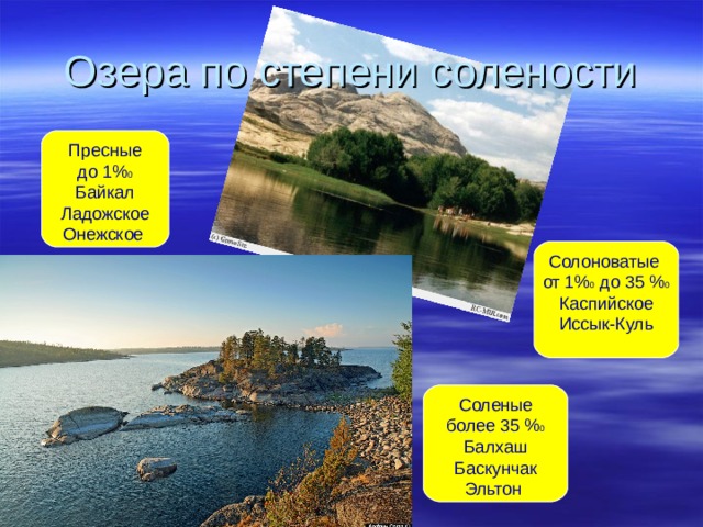 Озера по степени солености Пресные до 1% 0 Байкал Ладожское Онежское Солоноватые от 1% 0 до 35 % 0 Каспийское Иссык-Куль Соленые более 35 % 0 Балхаш Баскунчак Эльтон 