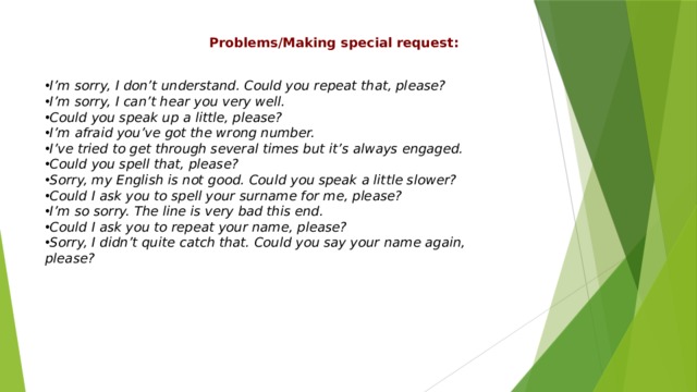 Problems/Making special request: I’m sorry, I don’t understand. Could you repeat that, please? I’m sorry, I can’t hear you very well. Could you speak up a little, please? I’m afraid you’ve got the wrong number. I’ve tried to get through several times but it’s always engaged. Could you spell that, please? Sorry, my English is not good. Could you speak a little slower? Could I ask you to spell your surname for me, please? I’m so sorry. The line is very bad this end. Could I ask you to repeat your name, please? Sorry, I didn’t quite catch that. Could you say your name again, please? 