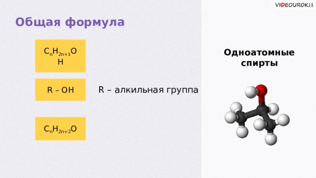 Общая формула C n H 2n+1 OH Одноатомные спирты R – OH R – алкильная группа C n H 2n+2 O  