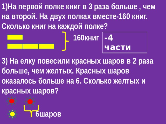 1)На первой полке книг в 3 раза больше , чем на второй. На двух полках вместе-160 книг. Сколько книг на каждой полке?  160книг 3) На елку повесили красных шаров в 2 раза больше, чем желтых. Красных шаров оказалось больше на 6. Сколько желтых и красных шаров?   6шаров  -4 части 