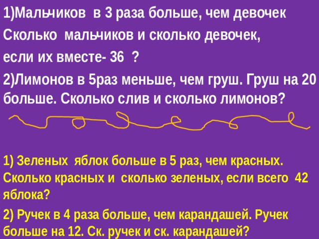 1)Мальчиков в 3 раза больше, чем девочек Сколько мальчиков и сколько девочек, если их вместе- 36 ? 2)Лимонов в 5раз меньше, чем груш. Груш на 20 больше. Сколько слив и сколько лимонов?   1) Зеленых яблок больше в 5 раз, чем красных. Сколько красных и сколько зеленых, если всего 42 яблока? 2) Ручек в 4 раза больше, чем карандашей. Ручек больше на 12. Ск. ручек и ск. карандашей? 