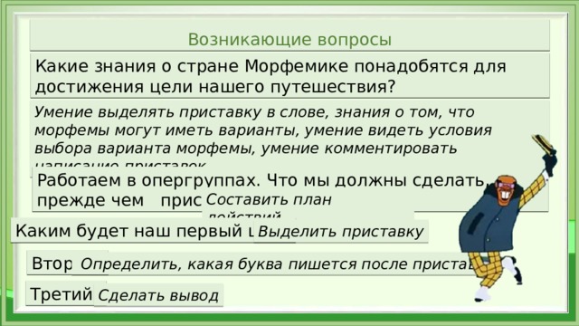  Возникающие вопросы    Какие знания о стране Морфемике понадобятся для достижения цели нашего путешествия? Умение выделять приставку в слове, знания о том, что морфемы могут иметь варианты, умение видеть условия выбора варианта морфемы, умение комментировать написание приставок Работаем в опергруппах. Что мы должны сделать, прежде чем приступим к работе? Составить план действий Каким будет наш первый шаг? Выделить приставку Второй?   Определить, какая буква пишется после приставки Третий? Сделать вывод 