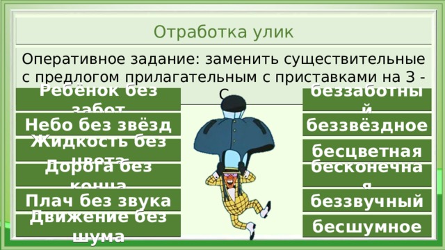 Отработка улик Оперативное задание: заменить существительные с предлогом прилагательным с приставками на З - С Ребёнок без забот беззаботный Небо без звёзд беззвёздное Жидкость без цвета бесцветная Дорога без конца бесконечная Плач без звука беззвучный Движение без шума бесшумное  