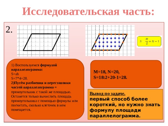 Исследовательская часть: 2. 1) Воспользуемся формулой параллелограмма: S=ah S=7*4=28. 2)Путём разбиения и перестановки частей параллелограмма = прямоугольник с такой же площадью. Останется только вычислить площадь прямоугольника с помощью формулы или посчитать, сколько клеточек в нем помещается . M=18, N=20, S=18:2+20-1=28. Вывод по задаче. первый способ более короткий, но нужно знать формулу площади параллелограмма. 