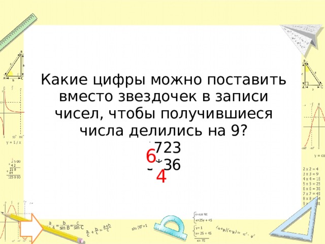 Какие цифры можно поставить вместо звездочек в записи чисел, чтобы получившиеся числа делились на 9?  *723  5*36 6 4 