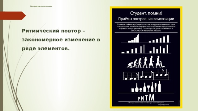 Построение композиции     Ритмический повтор – закономерное изменение в ряде элементов. 