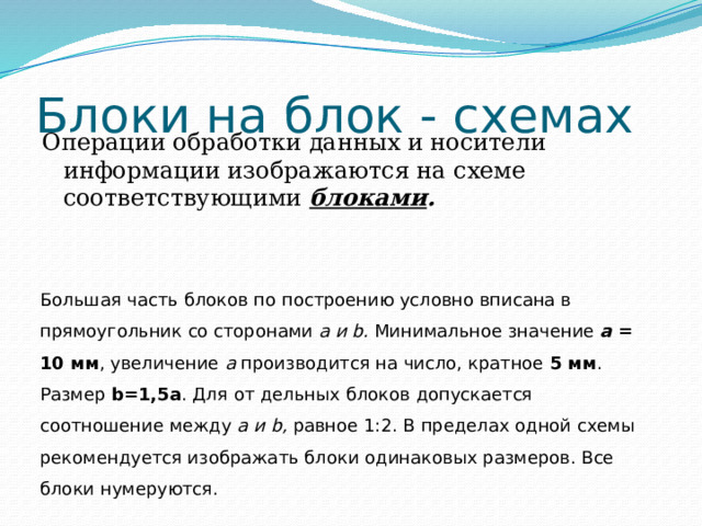 Блоки на блок - схемах Операции обработки данных и носители информации изображаются на схеме соответствующими блоками . Большая часть блоков по построению условно вписана в прямоугольник со сторонами а и b. Минимальное значение а = 10 мм , увеличение а производится на число, кратное 5 мм . Размер b=1,5a . Для от дельных блоков допускается соотношение между а и b, равное 1:2. В пределах одной схемы рекомендуется изображать блоки одинаковых размеров. Все блоки нумеруются. 