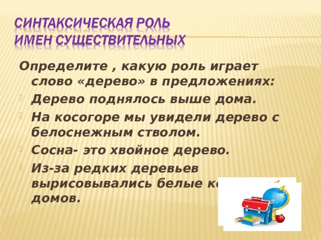 Определите , какую роль играет слово «дерево» в предложениях: Дерево поднялось выше дома. На косогоре мы увидели дерево с белоснежным стволом. Сосна- это хвойное дерево. Из-за редких деревьев вырисовывались белые корпуса домов.  