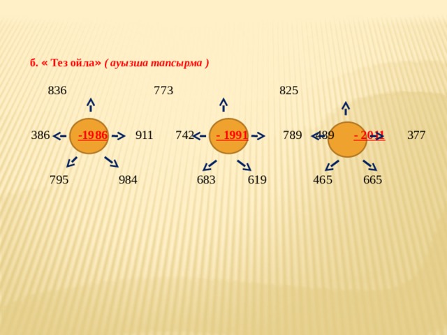  б. « Тез ойла »  ( ауызша тапсырма )    836  773 825  386  -1986  911 742 - 1991   789  489  - 2011  377  795  984 683  619 465  665 