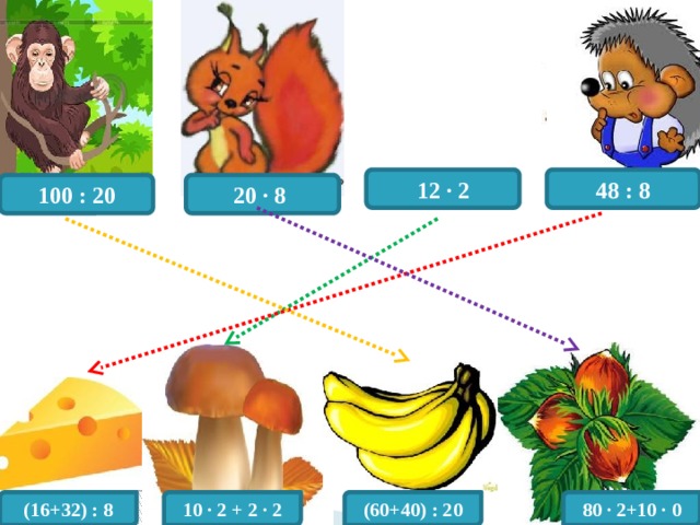 12 · 2 48 : 8 20 · 8 100 : 20 (16+32) : 8 10 · 2 + 2 · 2 (60+40) : 20 80 · 2+10 · 0 