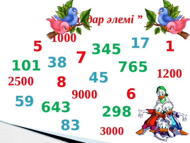 “ Сандар әлемі ” 1000 17 5 1 345 7 38 101 765  1200 45 2500 8 6 9000 59 643 298 83 3000 