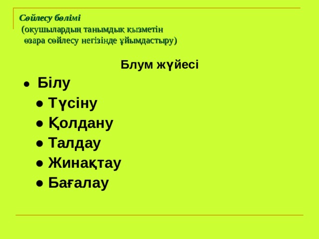 Сөйлесу бөлімі   (оқушылардың танымдық қызметін   өзара сөйлесу негізінде ұйымдастыру) Блум жүйесі  ● Білу    ● Түсіну     ● Қолдану      ● Талдау       ● Жинақтау        ● Бағалау 