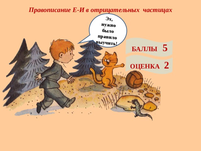 Правописание Е-И в отрицательных частицах Эх, нужно было правило выучить! БАЛЛЫ 5 ОЦЕНКА 2 