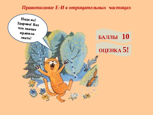 Правописание Е-И в отрицательных частицах Надо же! Здорово! Вот что значит правило  знать! БАЛЛЫ 10 ОЦЕНКА 5! 