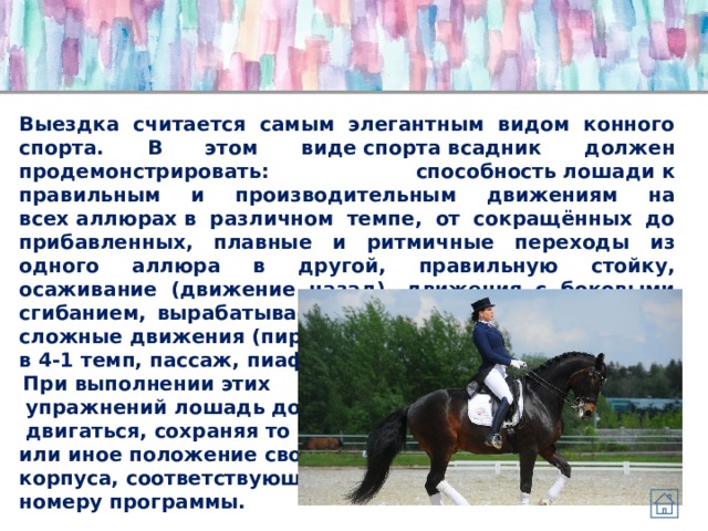 Выездка считается самым элегантным видом конного спорта. В этом виде спорта всадник должен продемонстрировать: способность лошади к правильным и производительным движениям на всех аллюрах в различном темпе, от сокращённых до прибавленных, плавные и ритмичные переходы из одного аллюра в другой, правильную стойку, осаживание (движение назад), движения с боковыми сгибанием, вырабатываемые специальной тренировкой сложные движения (пируэты, менка ноги на галопе  в 4-1 темп, пассаж, пиаффе).  При выполнении этих  упражнений лошадь должна  двигаться, сохраняя то или иное положение своего корпуса, соответствующее номеру программы. 