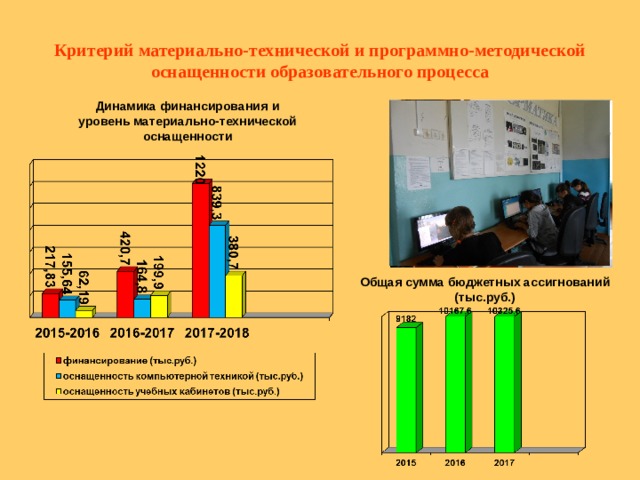 Критерий материально-технической и программно-методической оснащенности образовательного процесса Динамика финансирования  и уровень материально-технической оснащенности Общая сумма бюджетных ассигнований (тыс.руб.)  