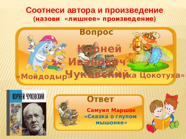 Соотнеси автора и произведение ( назови «лишнее» произведение ) Вопрос  Корней Иванович Чуковский «Муха Цокотуха» «Мойдодыр» Ответ Самуил Маршак «Сказка о глупом мышонке» 