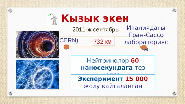 Кызык экен Италиядагы Гран-Сассо лабораториясы 2011-ж сентябрь (CERN) 732 км Нейтринолор 60 наносекундага тез келген Эксперимент 15 000 жолу кайталанган  
