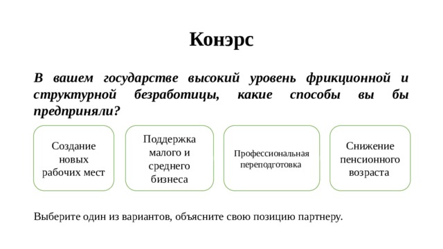 Конэрс В вашем государстве высокий уровень фрикционной и структурной безработицы, какие способы вы бы предприняли? Выберите один из вариантов, объясните свою позицию партнеру. Создание новых рабочих мест Поддержка малого и среднего бизнеса Профессиональная переподготовка  Снижение пенсионного возраста  